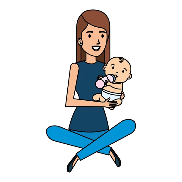 Mother lifting little baby character — Stock Vector