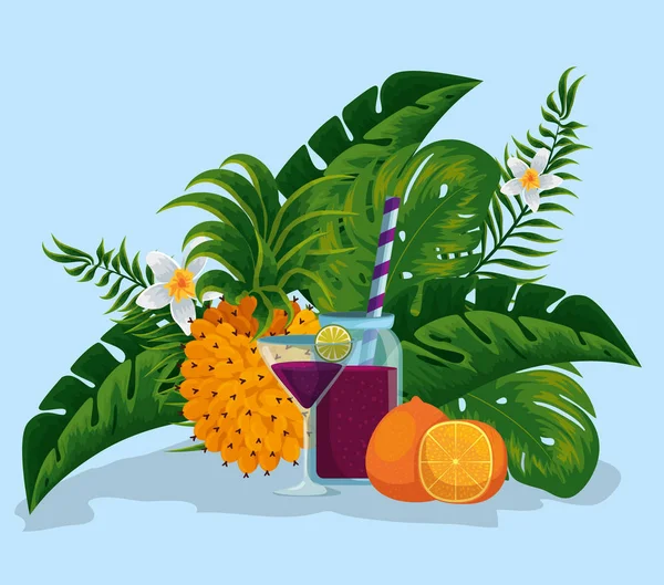 Getränke mit Pinienapfel und Orangenfrüchten mit Blättern — Stockvektor