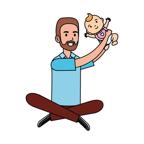 Padre levantando pequeños personajes de bebé — Vector de stock