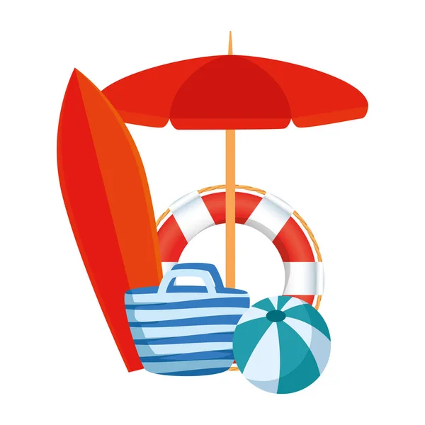Deštník a surfovací prkno s letními ikonami — Stockový vektor