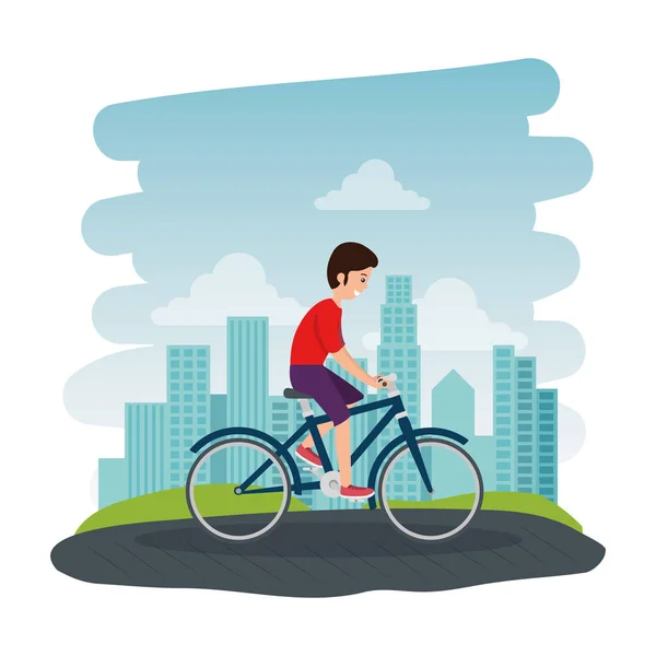 Feliz atlético niño paseo en bicicleta en el parque — Vector de stock