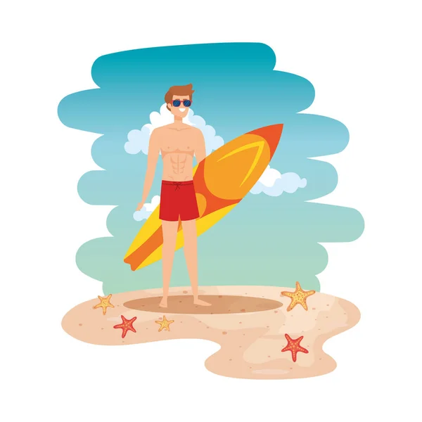 Jeune homme avec maillot de bain et planche de surf sur la plage — Image vectorielle