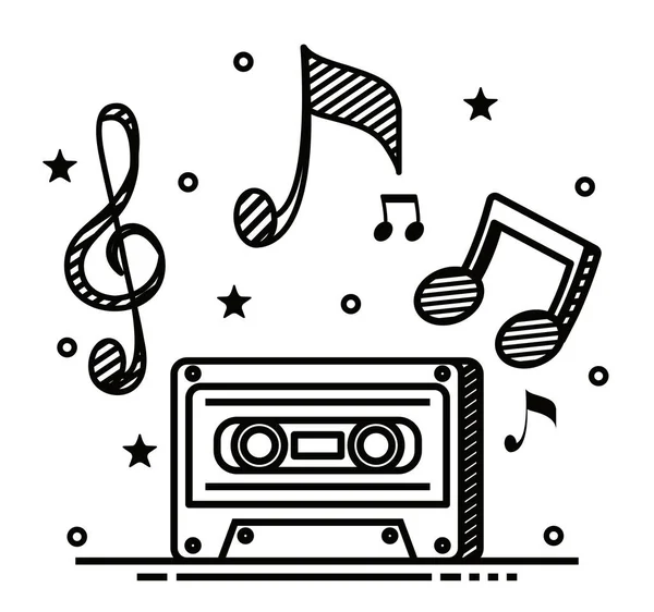 Cassette melodía con notas musicales ritmo y estrella — Vector de stock