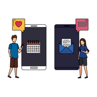 Akıllı telefonları ve sosyal medya simgeleri olan genç çift