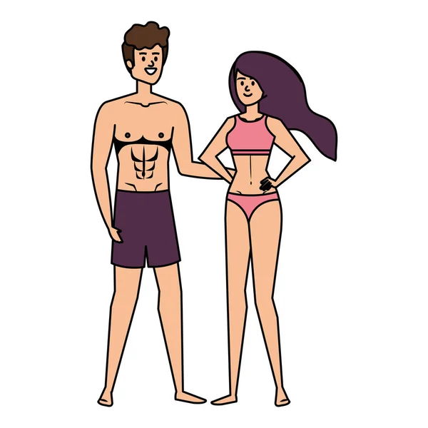 Jovem casal com personagens avatares maiô — Vetor de Stock