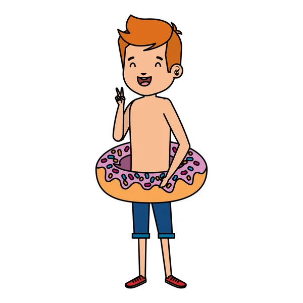 水着とドーナツフロートを持つかわいい男の子 — ストックベクタ