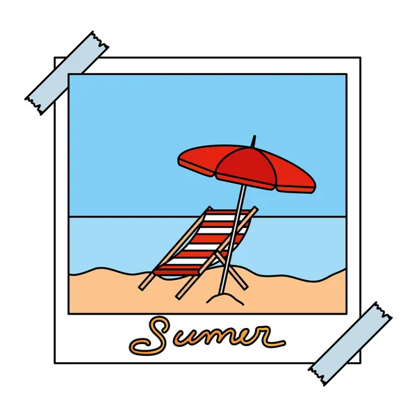 Yaz plaj ve şemsiye sandalye ile fotoğraf anlık — Stok Vektör