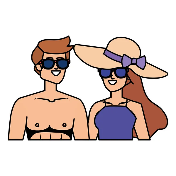 Jovem casal com maiô e óculos de sol —  Vetores de Stock