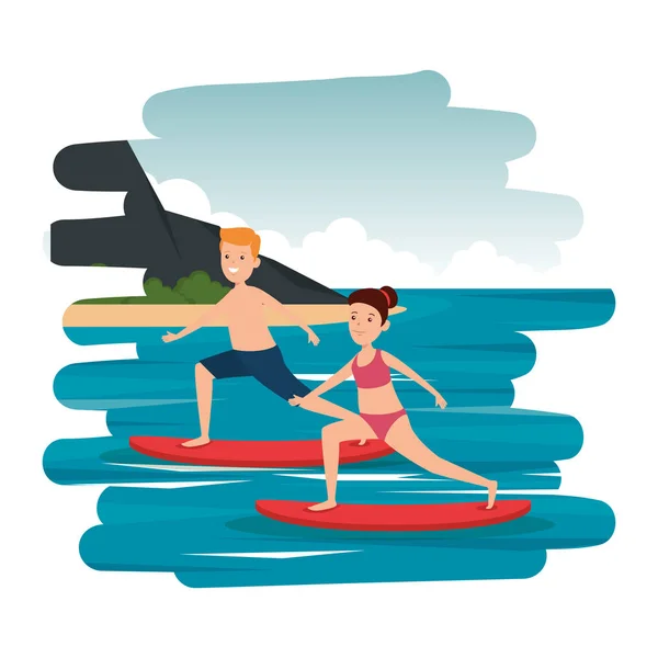 Feliz pareja atlética practicando surf en el mar — Vector de stock