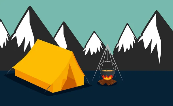 Naturaleza montañas nevadas con campamento y comida de leña — Vector de stock