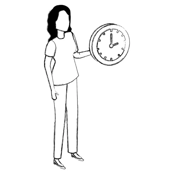 Jovem mulher com relógio relógio de tempo — Vetor de Stock