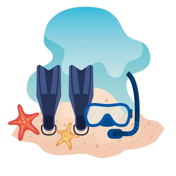 Fin water equipment with snorkel masks and starfishes — Stock Vector