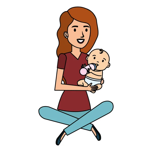 Mother lifting little baby character — Stock Vector