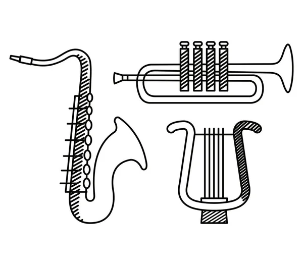 Uppsättning av saxofon och trumpet med harpa instrumenterar — Stock vektor