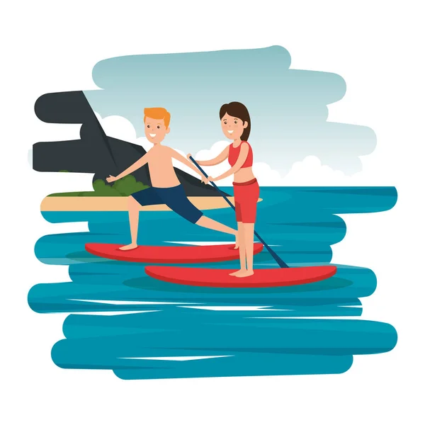 Happy athletic couple practicing surf in the sea — Stock Vector