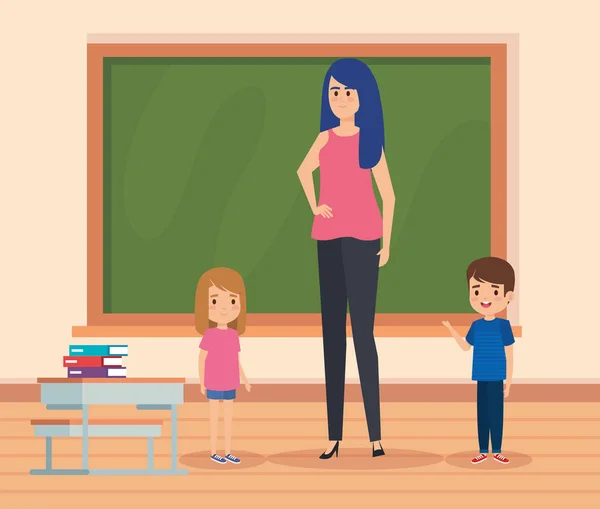Woman teacher with kids in the classroom and blackboard — 스톡 벡터