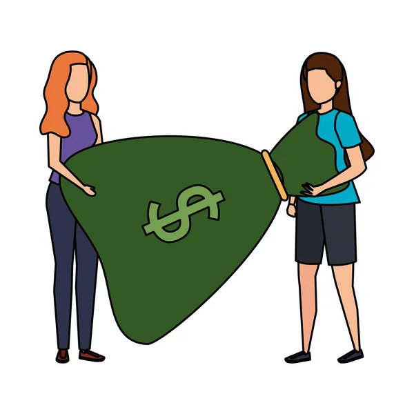 Mladé ženy zvedání peněz taška znaky — Stockový vektor