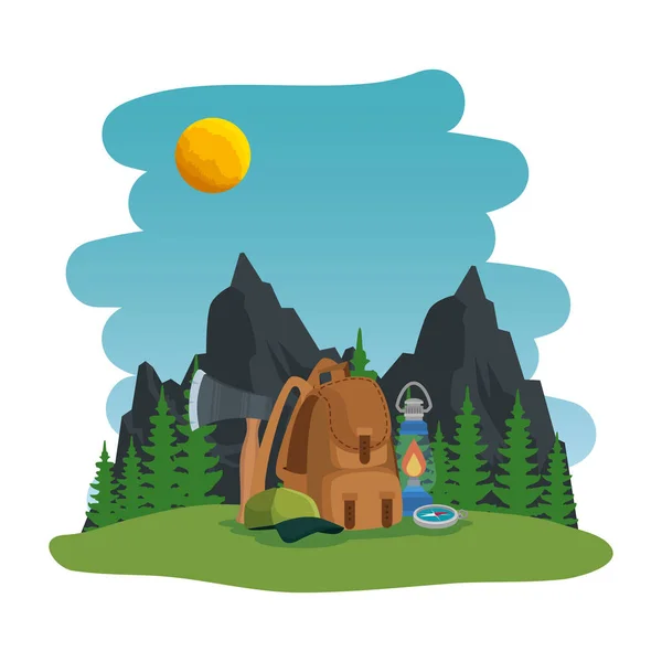 Zona de camping con escena de equipo — Vector de stock