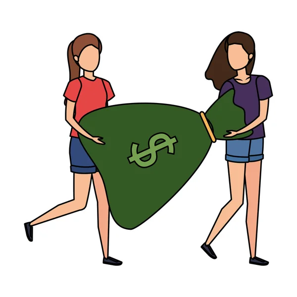 Unga kvinnor lyfta pengar väska tecken — Stock vektor