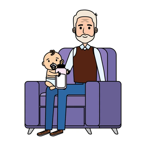 Grandfather lifting little baby in the sofa characters — Stock Vector