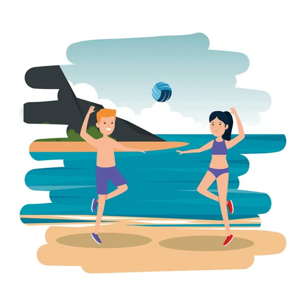 Feliz pareja atlética practicando voleibol en la playa — Vector de stock