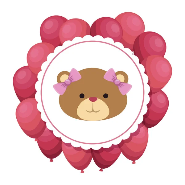 Niedźwiedź Teddy kobieta z kokardkami w koronkach i balonach helu — Wektor stockowy