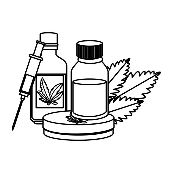 Enjuague de cannabis con jeringa y hojas — Vector de stock