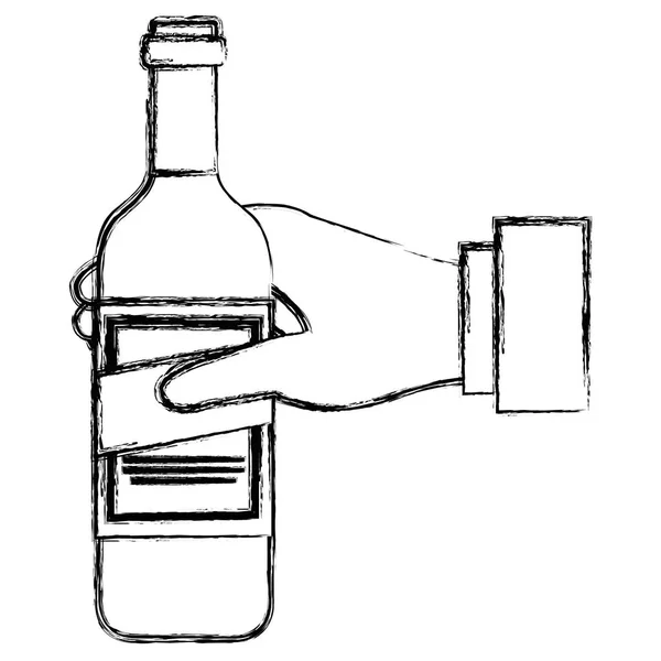 手与酒瓶饮料 — 图库矢量图片