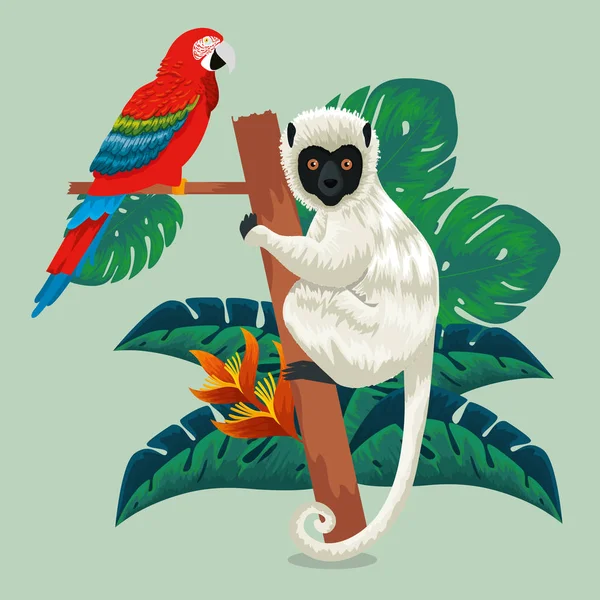 Папуга і лимонні тварини з екзотичним листям — стоковий вектор