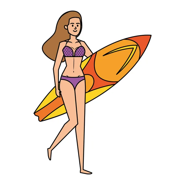 Красивая женщина в купальнике и доске для серфинга — стоковый вектор