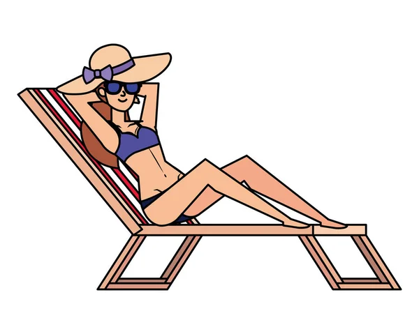 Beautiful girl relaxing in beach chair with swimsut and sunglasses — Stock Vector