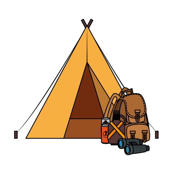 Tente camping avec sac de voyage et accessoires — Image vectorielle