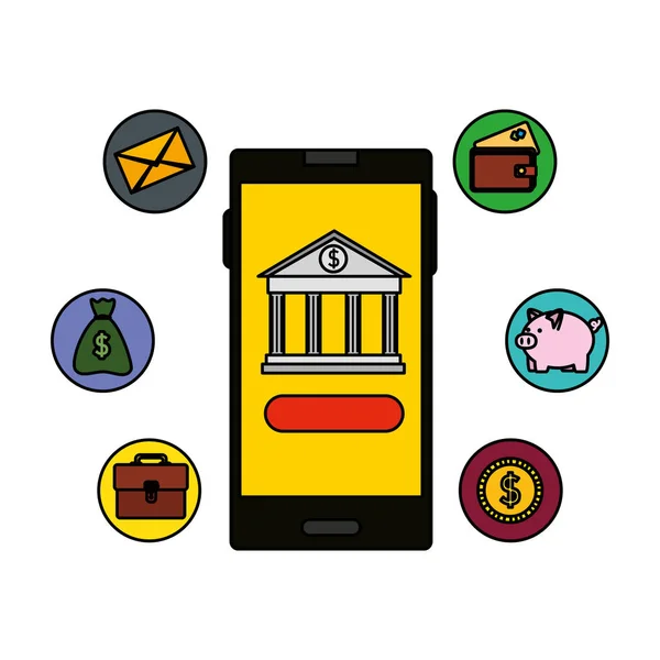 Смартфон с приложением для построения банков и иконками электронной коммерции — стоковый вектор