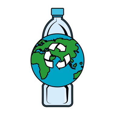 dünya gezegeni ve geri dönüşüm okları ile plastik şişe