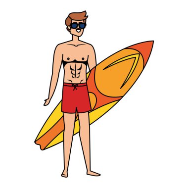 Mayolu ve sörf tahtalı genç adam.