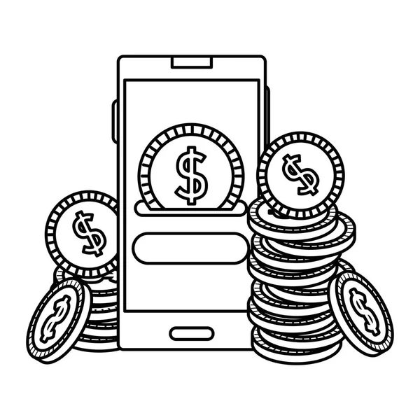 Smartphone met munten geld dollars — Stockvector