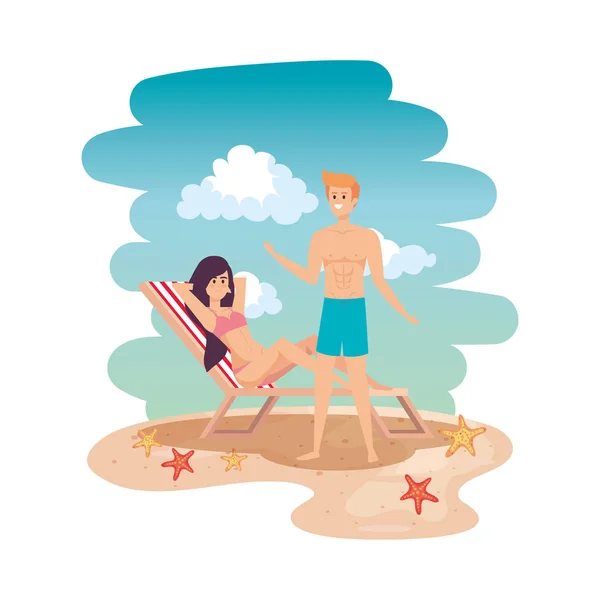 Pareja joven relajarse en la silla de playa en el paisaje marino — Vector de stock
