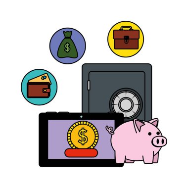 tablet ve e-ticaret simgeleri ile güvenli kutu