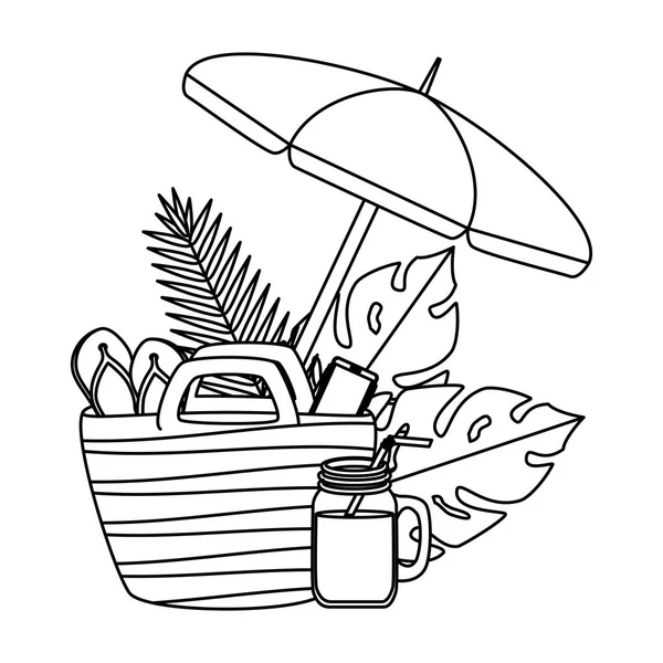 Летняя рама с тропическими листьями и зонтиком — стоковый вектор