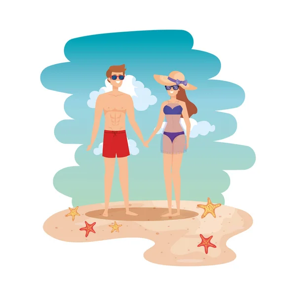 Pareja joven con traje de baño y gafas de sol en la playa — Vector de stock