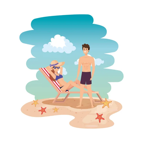 Young couple relaxing in beach chair on the seascape — Stock Vector