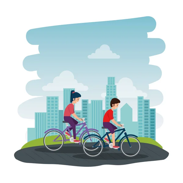 Happy athletic couple ride bike on the park — Stock Vector