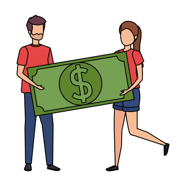 Pasangan muda mengangkat tagihan uang dolar karakter - Stok Vektor
