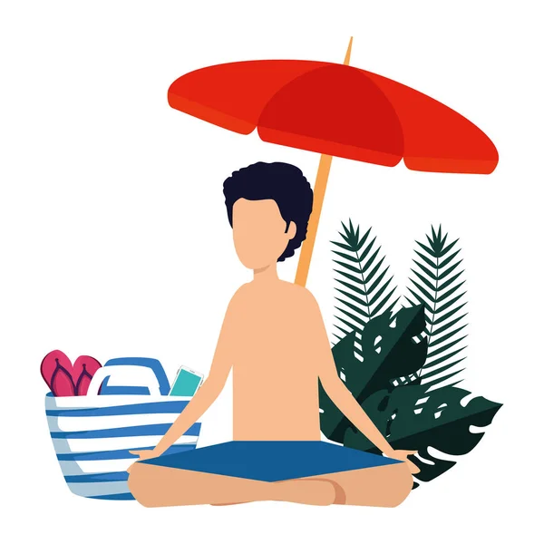 Joven con traje de baño y paraguas practicando yoga — Vector de stock