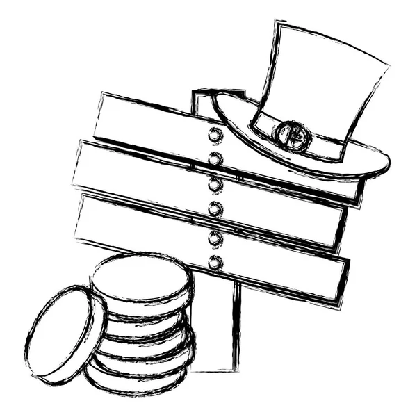 Ξύλινη ετικέτα με πέλος νομίσματα και ιρλανδικό καπέλο ξωτικό — Διανυσματικό Αρχείο
