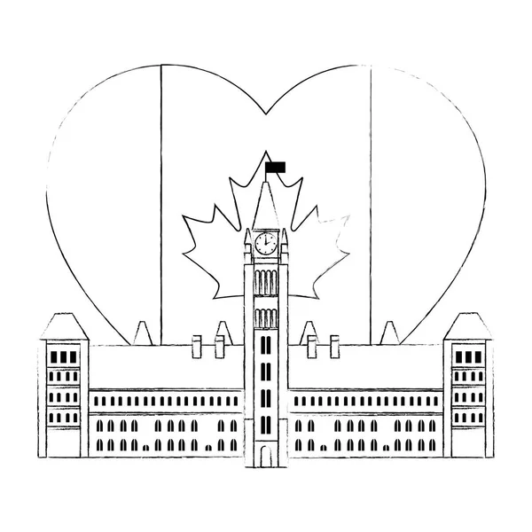 Edificio del parlamento canadiense con bandera del corazón — Vector de stock