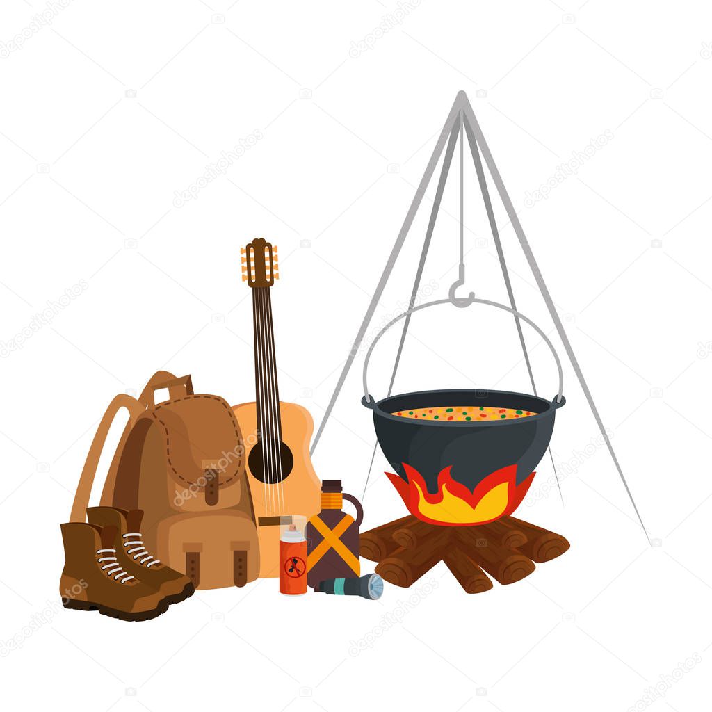 camping travel bag with woodfire and equipment