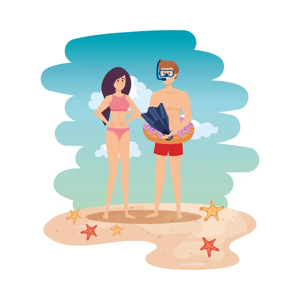 Pareja joven con flotador y equipo de buceo en la playa — Vector de stock