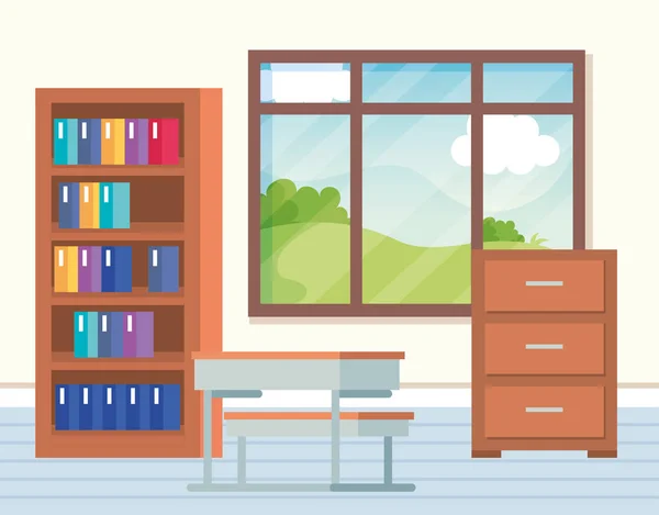Klassenzimmer mit Schreibtischen und Büchern im Bücherregal — Stockvektor