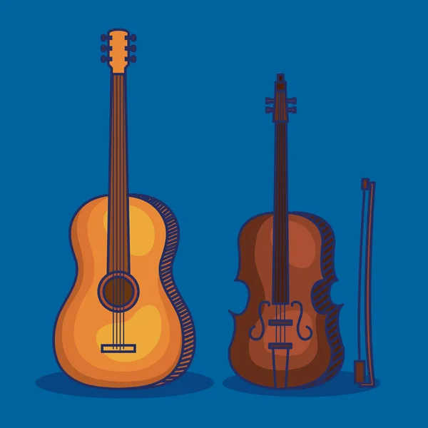 Conjunto de violino e instrumentos de guitarra estilo —  Vetores de Stock